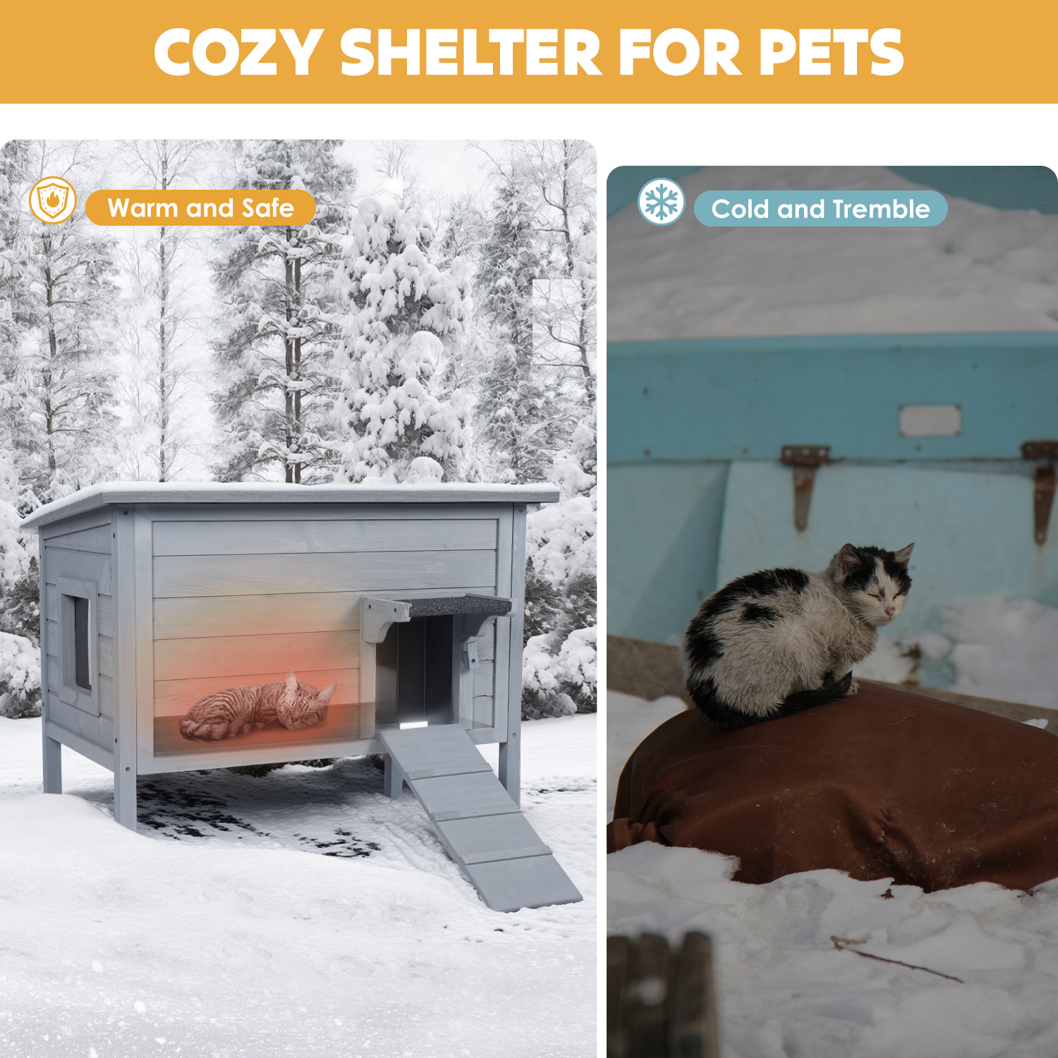 Hidpriva Insulated Wooden Outdoor Cat House, Weather-Resistant Feral Cat Shelter for Winter w/ Foldable Ladder & Visible Window, Gray