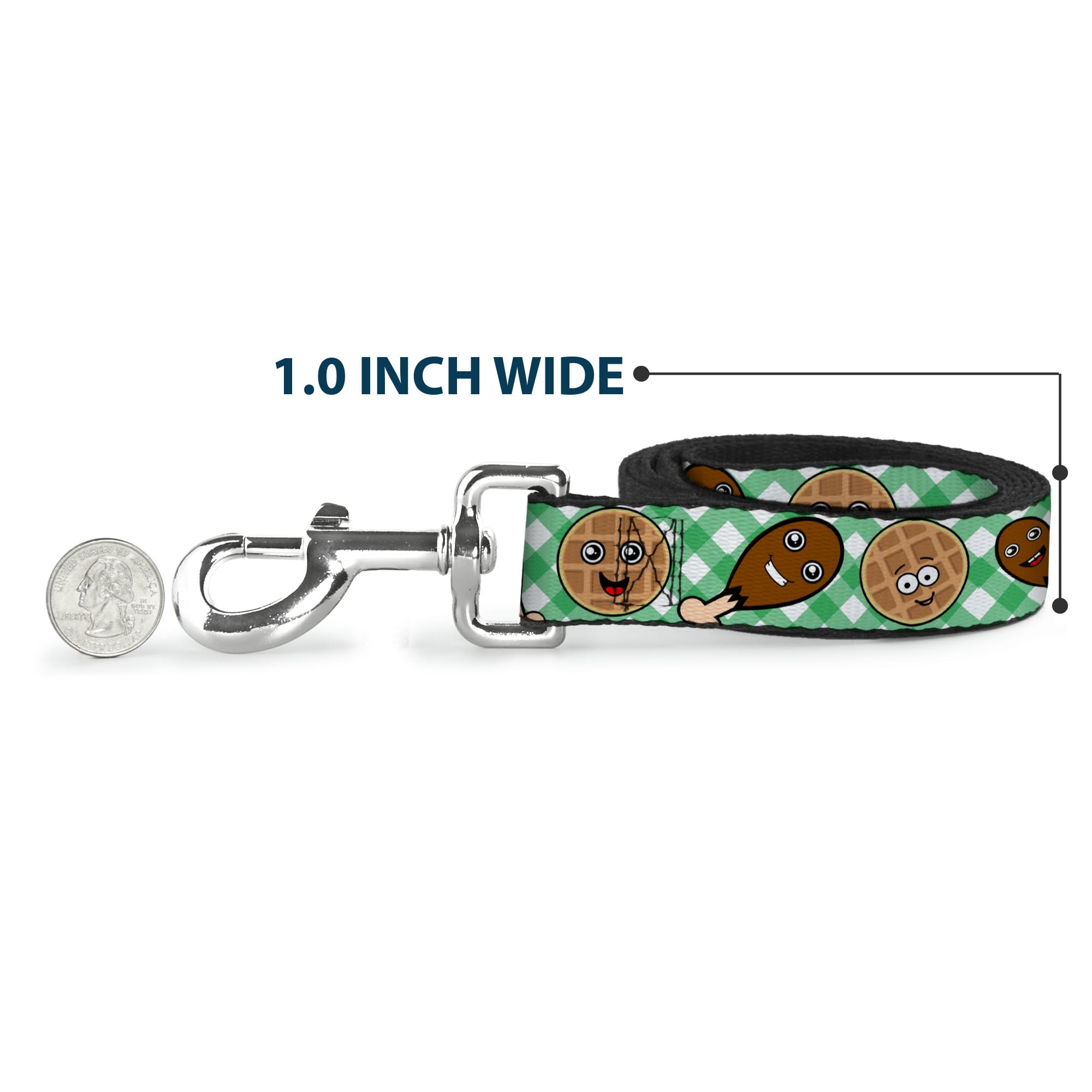 Buckle-Down Pet Leash, Dog Leash, Fried Chicken Waffles Plaid White Green, 6 Feet Long 1.0 Inch Wide