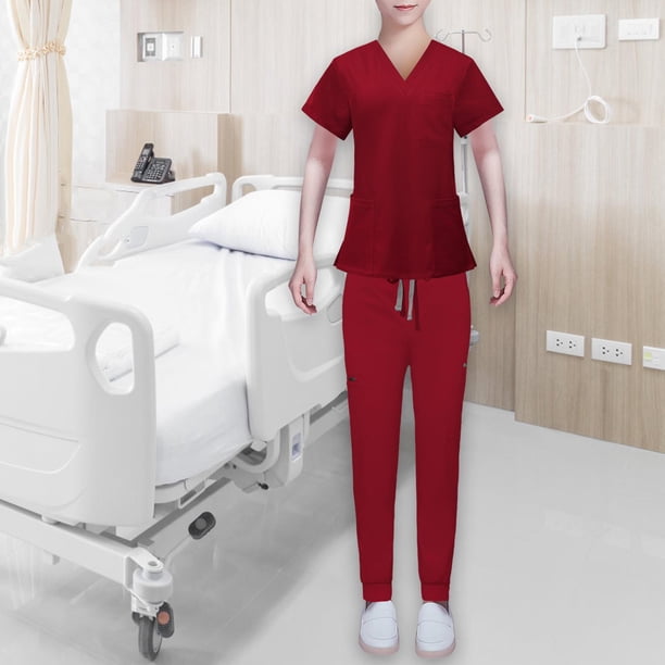 Conjunto de Uniforme de enfermera Yinane Ropa de trabajo Manga corta Rojo L