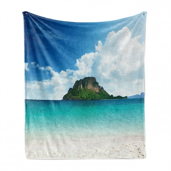 Island Soft Flannel Fleece Throw Blanket, Poda Island in Thailand South Tropic Paradise Hot Sun with Clouds Photo, Cozy Plush for Indoor and Outdoor Use, 50" x 70", Blue White Cream, by Ambesonne
