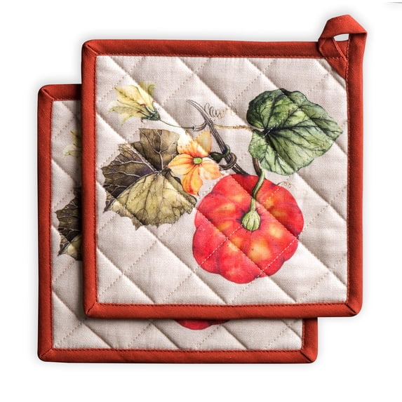 Maison d' Hermine Potiron 100% Cotton Set of 2 Pot Holders with Loop Heat Resistant for BBQ Cooking Baking Grilling Microwave Barbecue (8 Inch by 8 Inch).