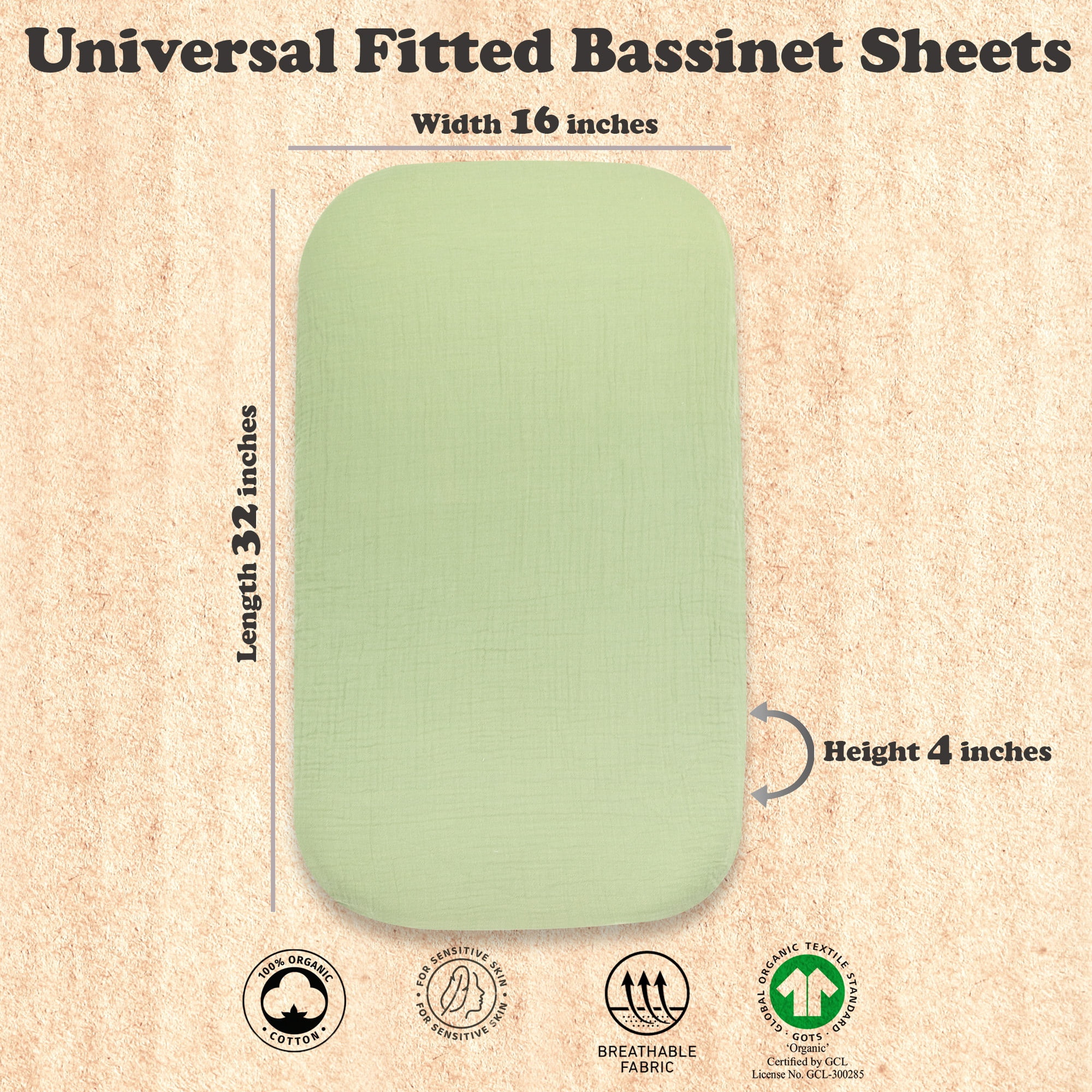 Baby Muslin Bassinet Sheet Set for Boy and Girl, 3 Pack Organic Cotton Universal Fitted Bedding Cover for Oval, Hourglass & Rectangle Bassinet Mattress, Fitted Sheets Size 32 x 16 x 4 Inches