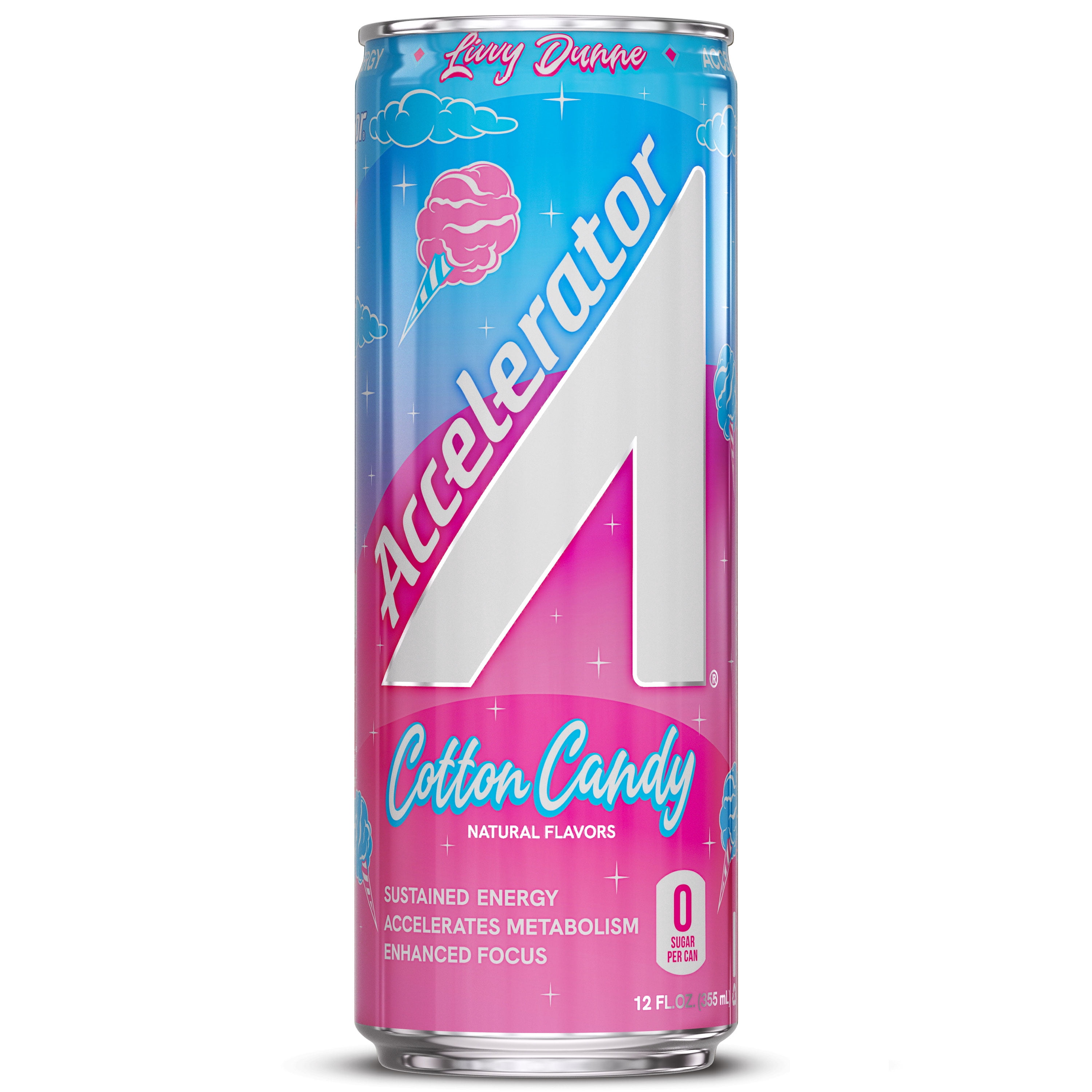Accelerator Energy Drink, Cotton Candy 12 fl oz can (12 pack), Zero Sugar, Sustained Energy from 100% Natural Caffeine (200mg from Green Coffee Bean & Green Tea extract)