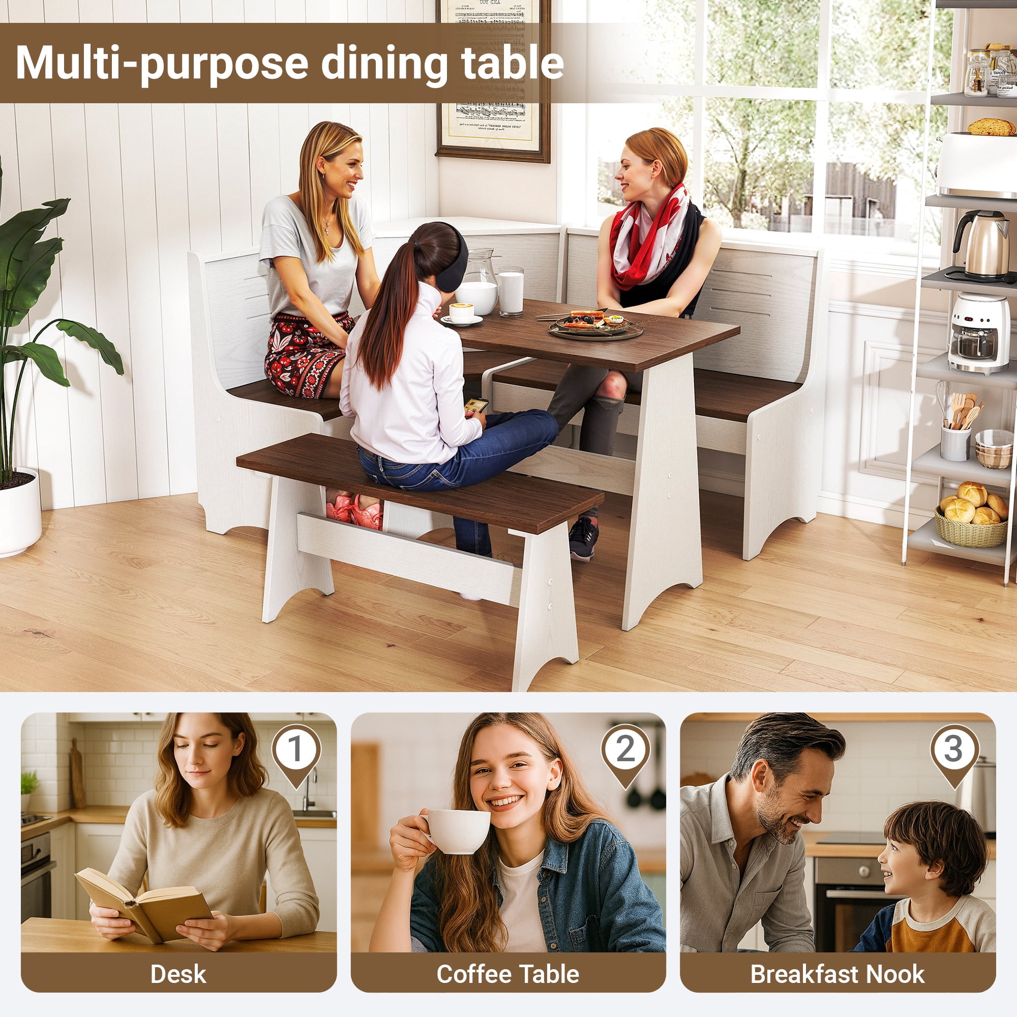 Breakfast Nook Kitchen Corner Dining Table Bench Chair Set, Space-Saving 3-4 Seat L-Shape Farmhouse Mid Century Modern Style for Family Home  Wood Brown White