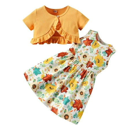 

B91xZ Toddler Girl Summer Outfits Girls Short Sleeve Solid Button Ribbed Tops Flowers Prints Sleeveless Dresses Outfits Orange Sizes 6-12 Months