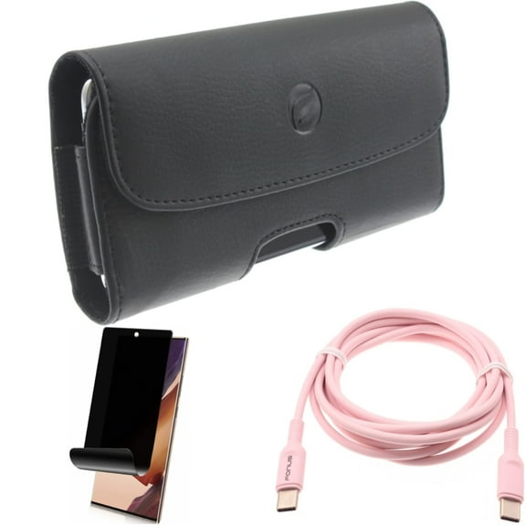 Privacy Screen Protector & Pink 6ft Long Cable & Case Belt Clip for Samsung Galaxy Note 20 Ultra (6.9") - Combo with TPU Film Anti-Peep & USB-C to Type-C PD Fast Charger & Leather Holster