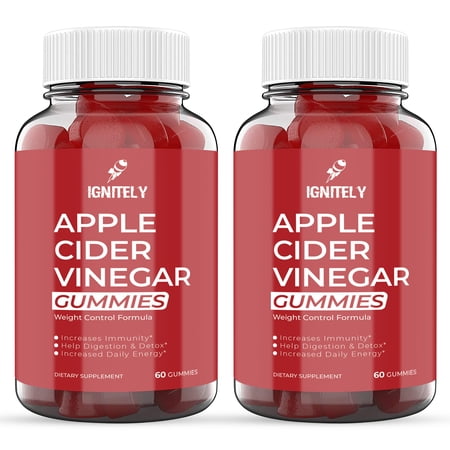 Ignitely Apple Cider Vinegar Gummies - Weight Control Formula - Increases Immunity & Daily Energy - Adipic Acid & Citric Acid - GMO & Gluten Free (2-Bottles)