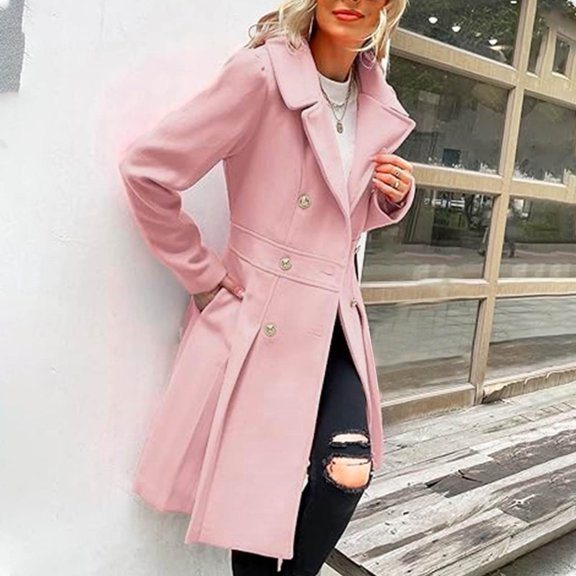 YFNNUP Women's Winter Coats Shawl Collar Double Breasted Midi Peacoat Slim Fit Trench Coats with Pockets