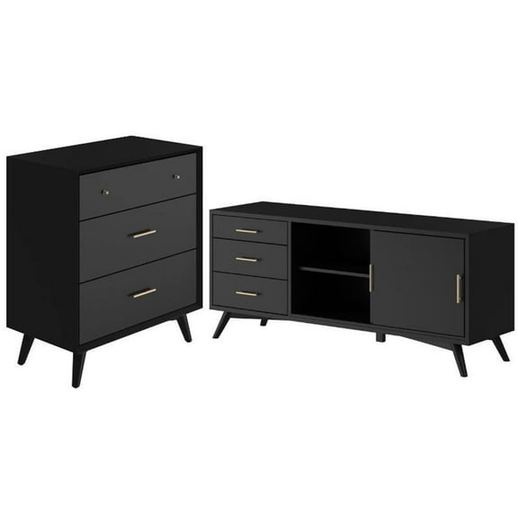 Home Square 2 Piece Set with 3-Drawer Small Chest and TV Console in Black