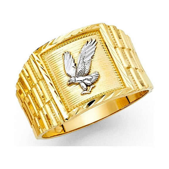 Solid 14k Yellow White Gold American Eagle Ring Textured Band Diamond Cut Two Tone Mens 14MM Size 10