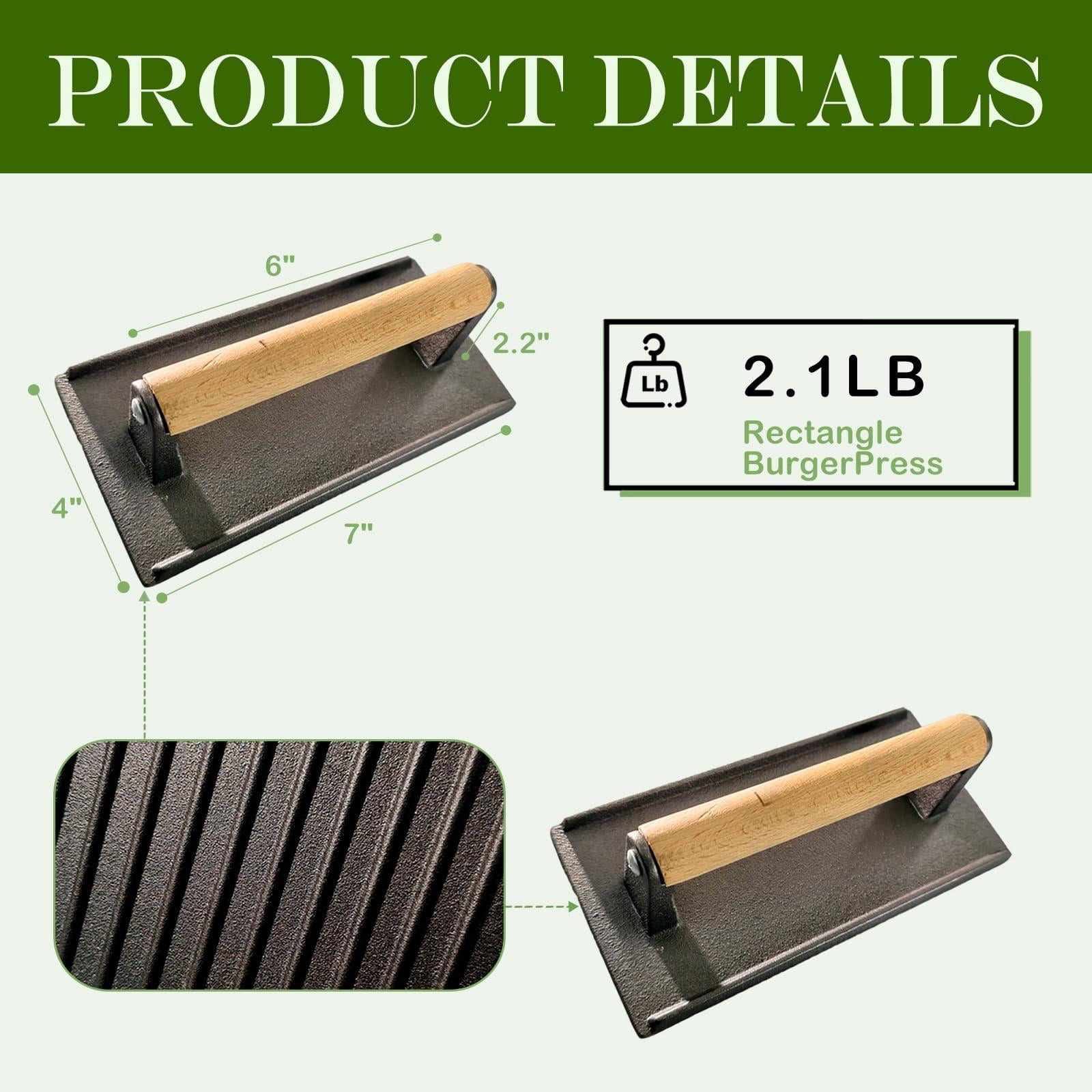 2.2 Lb Handheld Heavy Duty Cast Iron Grill Press  7.8x3.9 Inch Rectangle Burger With Wood Handle For Blackstone Griddle Chef Camp Panini Vegetable Bacon Sandwich Bbq 2 Pack