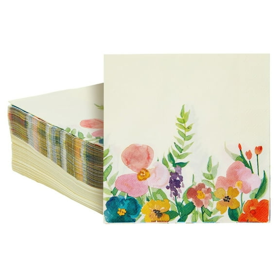 Juvale Floral Disposable Paper Napkins - 100 Pack, 6.5 x 6.5 In folded/13 x 13 In unfolded, 2-Ply, Multicolor Vintage Wildflower - Tea Party Napkins for Garden Party Decor