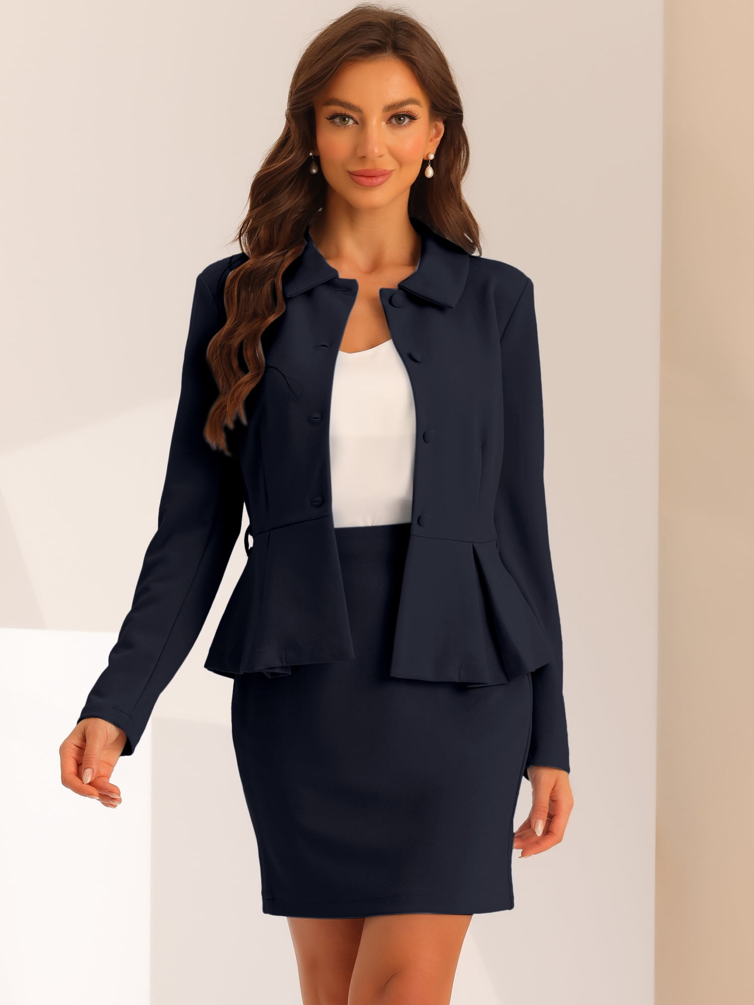 DARING DIVA 2Pcs Women's Peplum Blazer Jacket Mini Pencil Skirt Set S Navy Blue