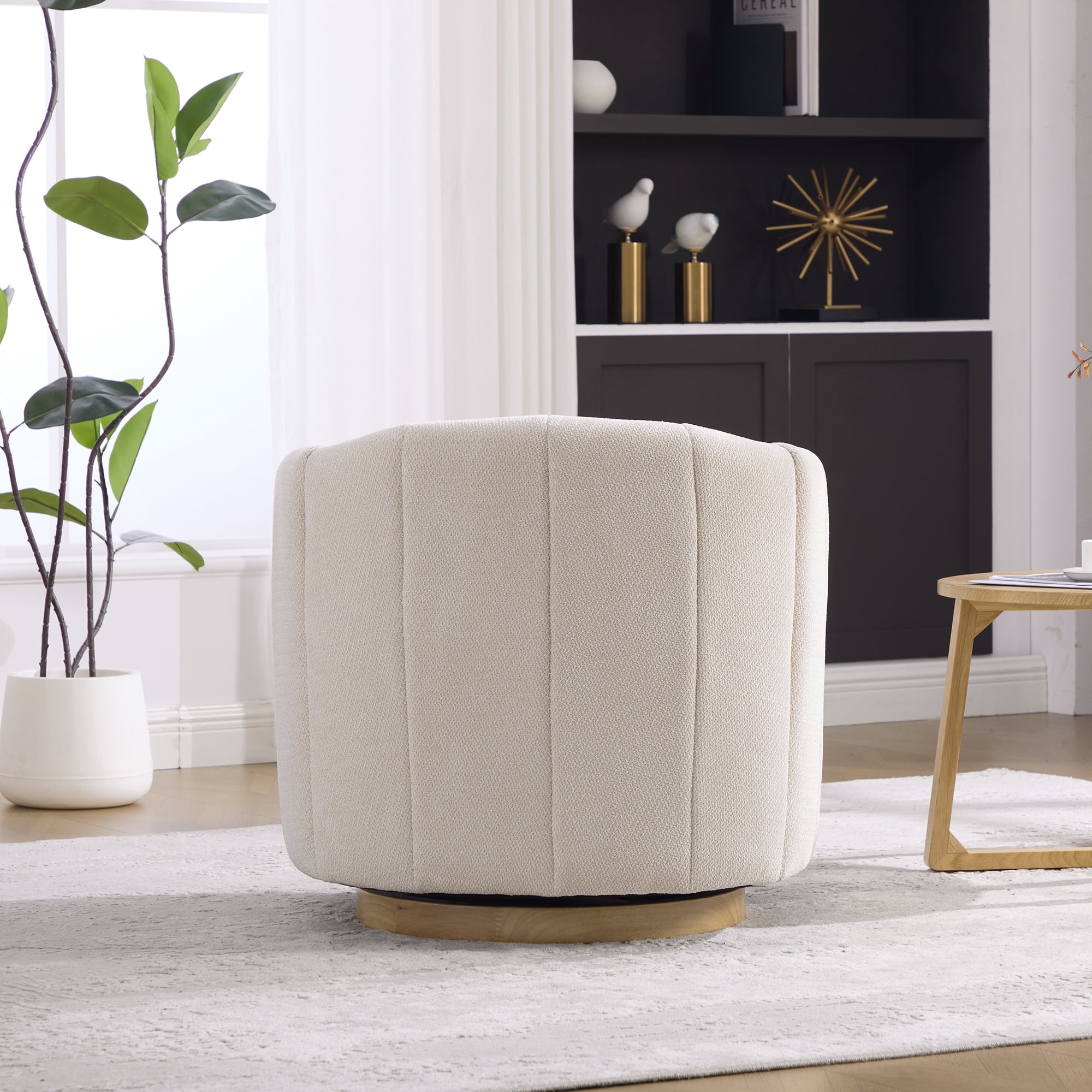 Leumius Swivel Barrel Chair with Solid Wood Base, Comfy Channel Tufted Accent Round Armchair, Single Club Sofa for Living Room Bedroom Reading Nook Corner Apartment, Beige