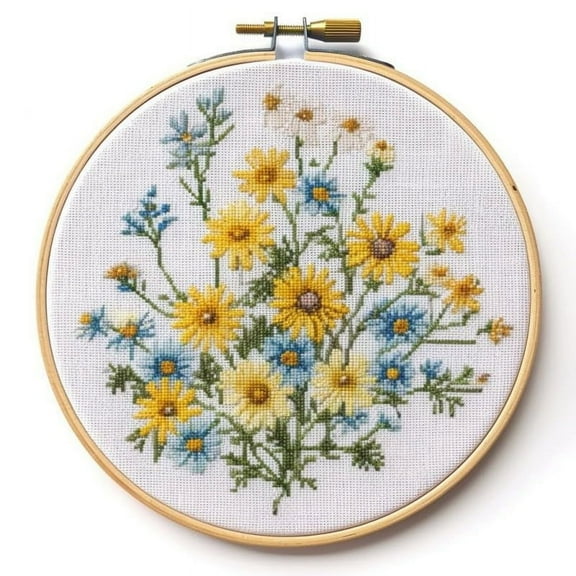 Yellow Daisies Starter Easy Cross Stitch Kits Color Stamped Embroidery Kits DIY 11CT Stamped Patterns Embroidery Needlework Kit Supplies 12 Inch Hoop Included(et-19)