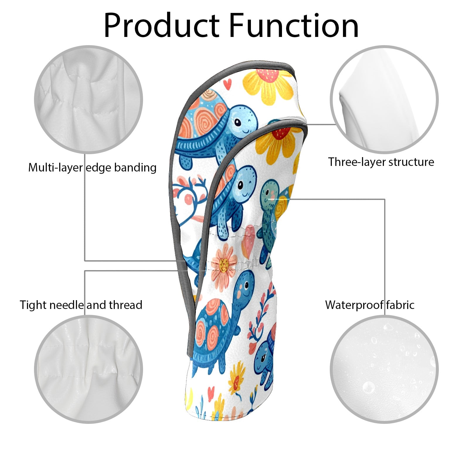 Golf Head Covers Cute Turtle Pattern for Driver, Wood & Hybrid, Premium Waterproof PU Leather with Plush Lining, Animal Golf Gifts
