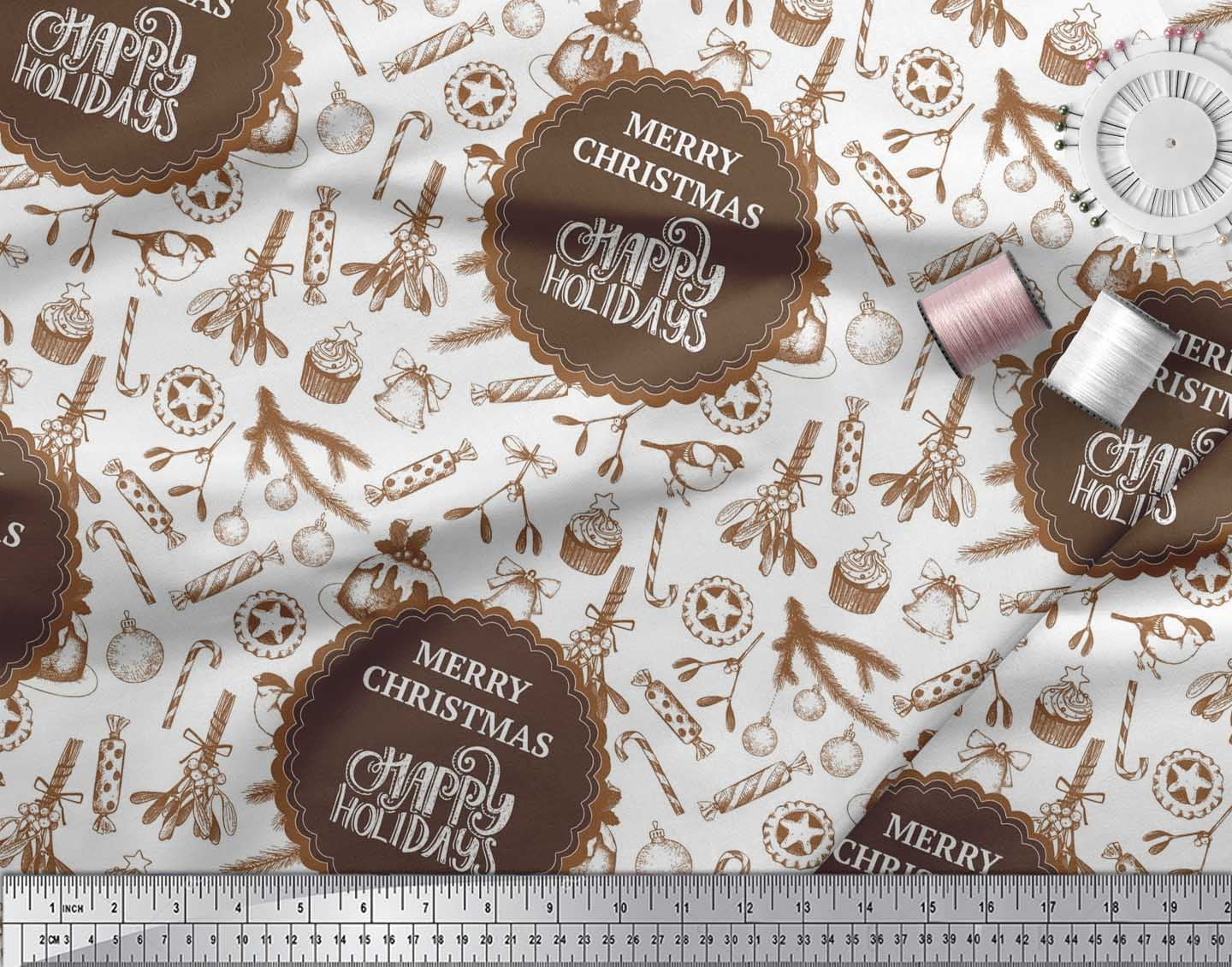 Soimoi Brown Poly Georgette Fabric Candies,Bell & Baubles Christmas Printed Craft Fabric by the Yard 42 Inch Wide