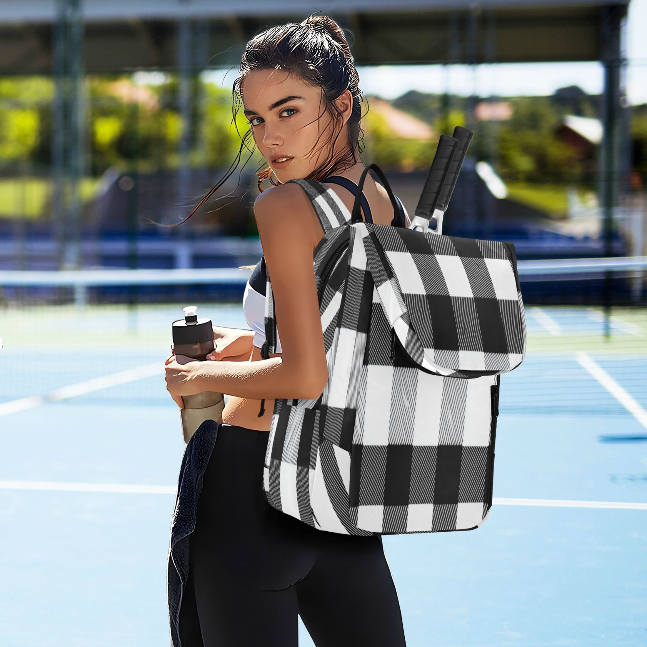 2 Racquet Holder Tennis Backpack Tennis Racket Covers Gym Bags Black White Plaid Pattern
