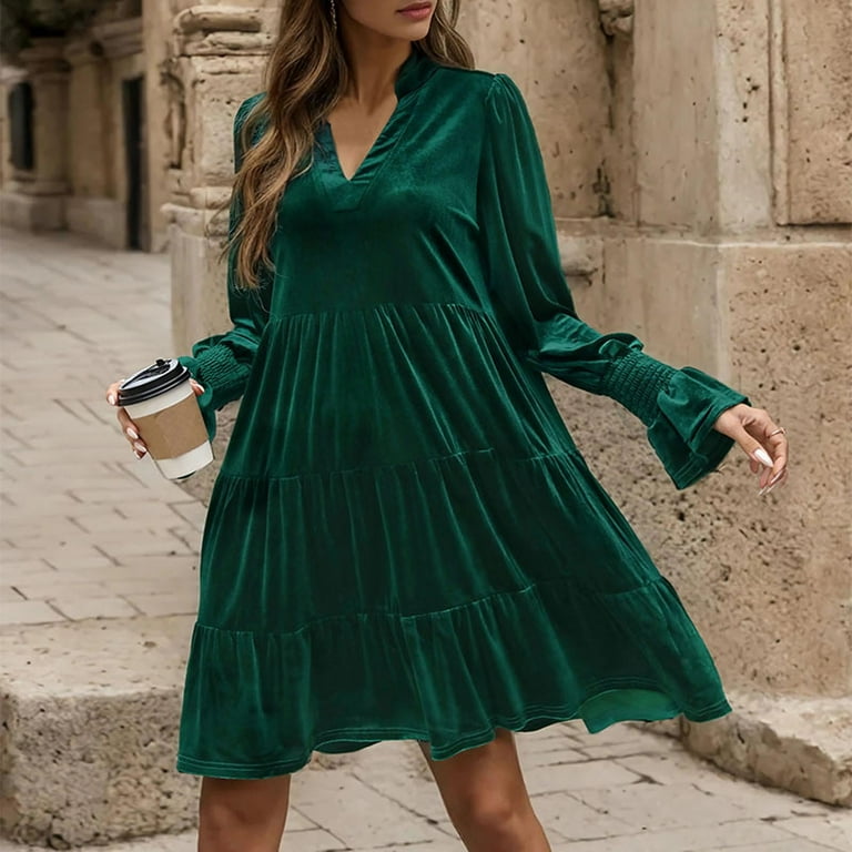 Women s Long Sleeve Dresses V Neck Casual Loose Flowy Swing Shift Dresses 2024 Fall Lightweight Solid Color A Line Tiered Mini Dress