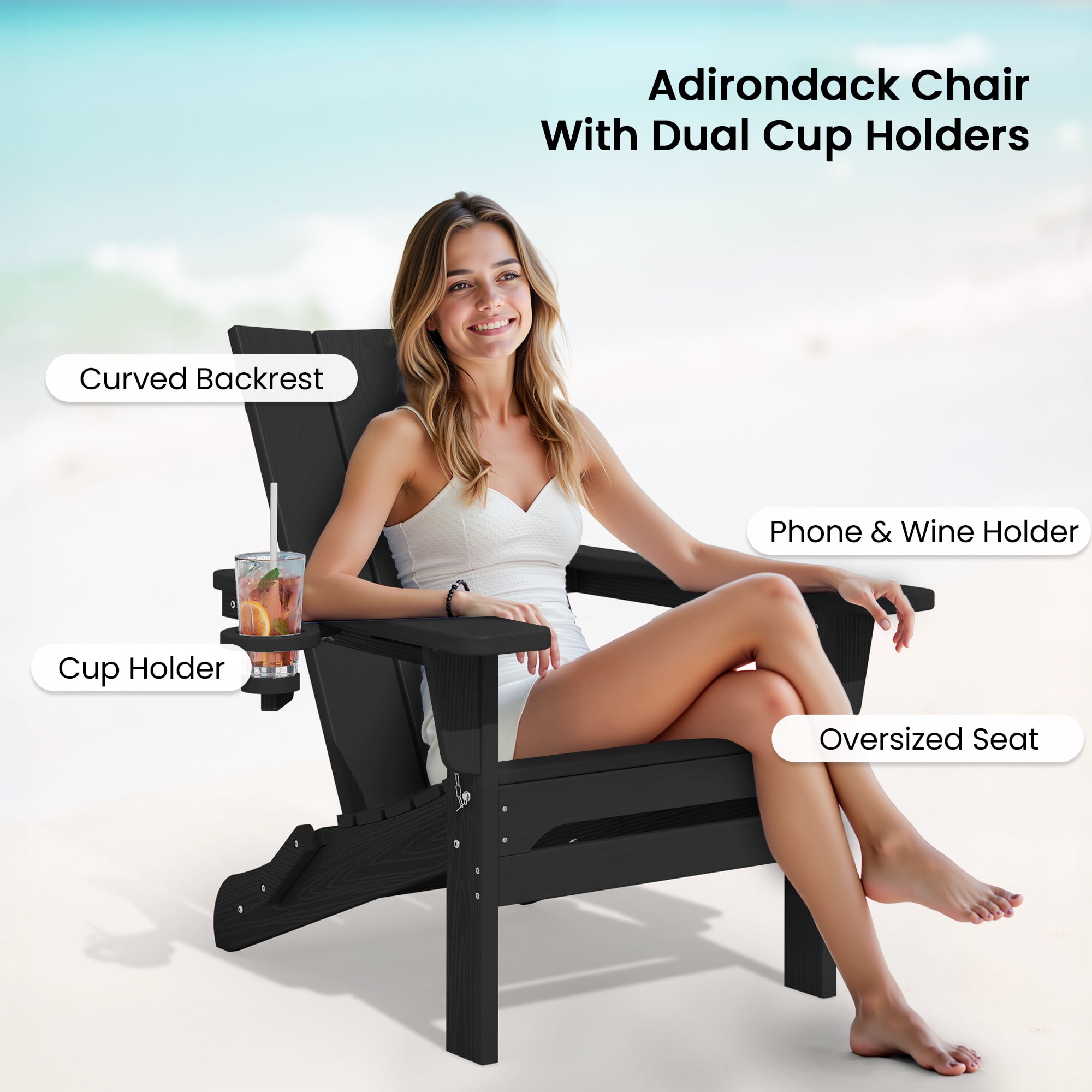 SERWALL Folding Adirondack Chair with 2 Cup Holders & Phone Slot, All-Weather Outdoor HDPE Patio Chair, Foldable Lawn Deck Chair, Black