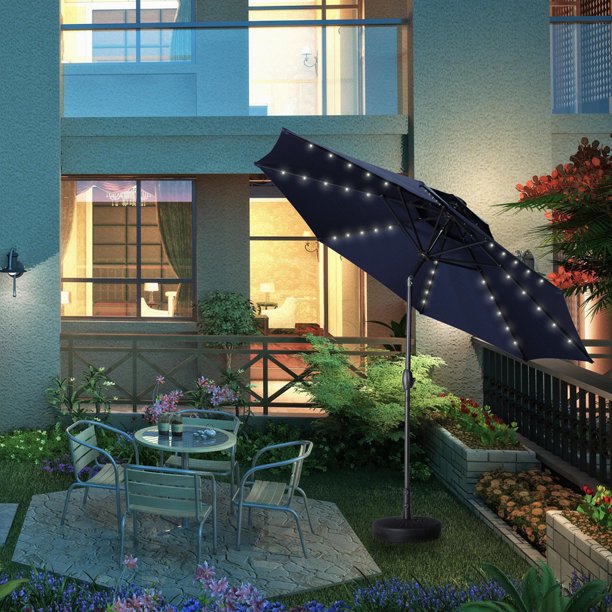 Ainfox 2 Tiers Vented 10ft Patio Umbrella Solar Led Lights Market Table Umbrella Easy Tilt With Crank Handle 8 Statury Steel Ribs And 40 Leds With Weight Base Navy Blue Walmart Com Walmart Com