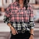 thumbnail image 3 of Mujeres camisa Plaid patrón blusa manga larga botón Abrigos de plumas solapa para las mujeres invierno otoño Rosa S, 3 of 6