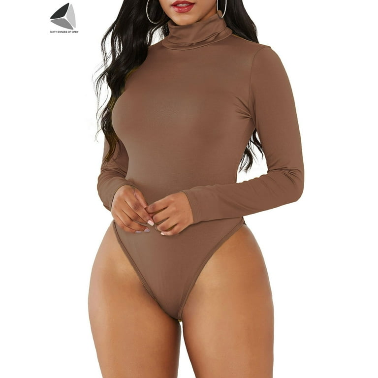 PULLIMORE Womens High Neck Tops Bodysuit Turtleneck Long Sleeve Stretchy  Bodycon Jumpsuit (M, Brown) - Walmart.com