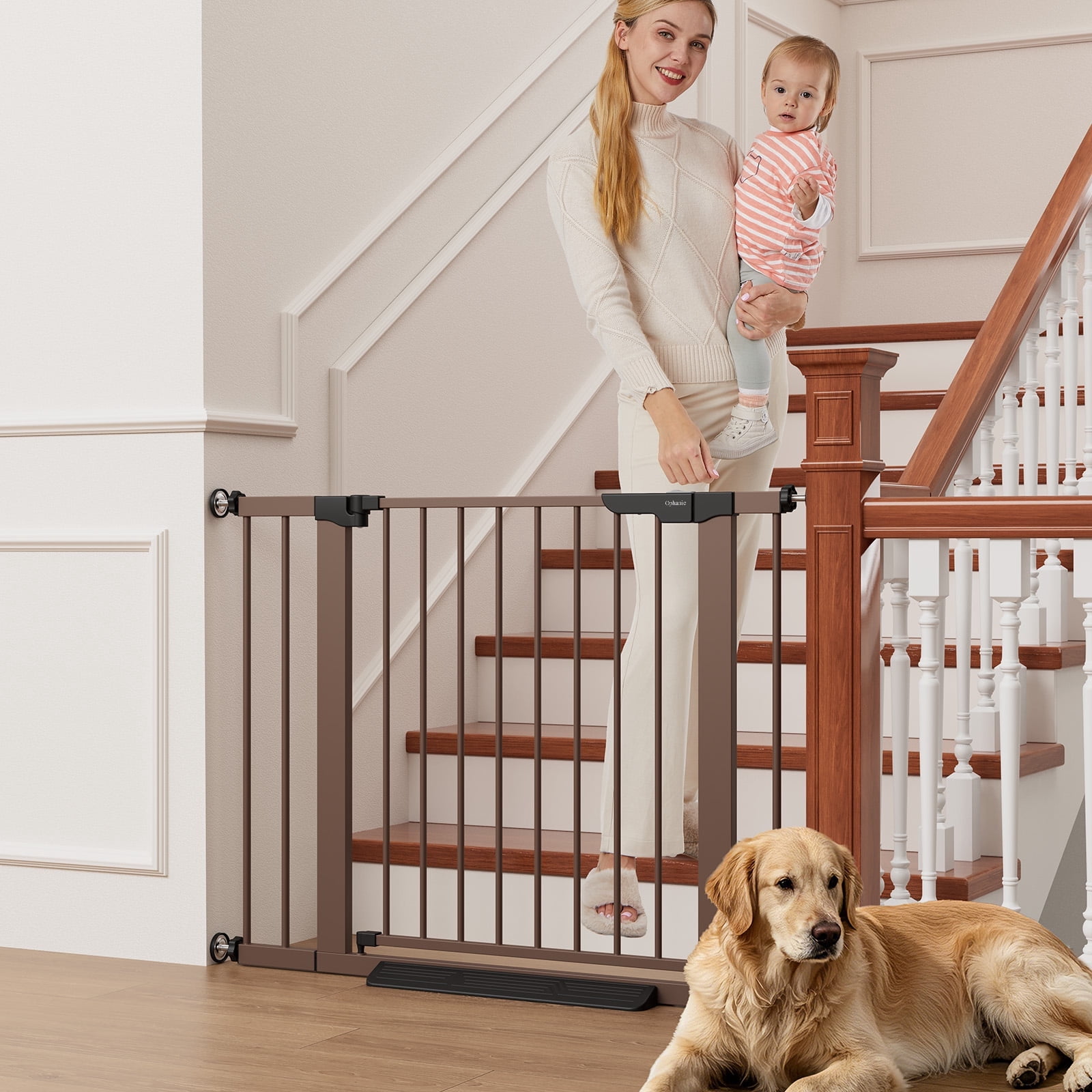 Ophanie Extra Wide Metal Baby Safety Gate for Stairs and Doorways, Fits 29.6" to 39.1" Wide, 28" Tall, Pressure Mounted Dog Pet Gate, Brown
