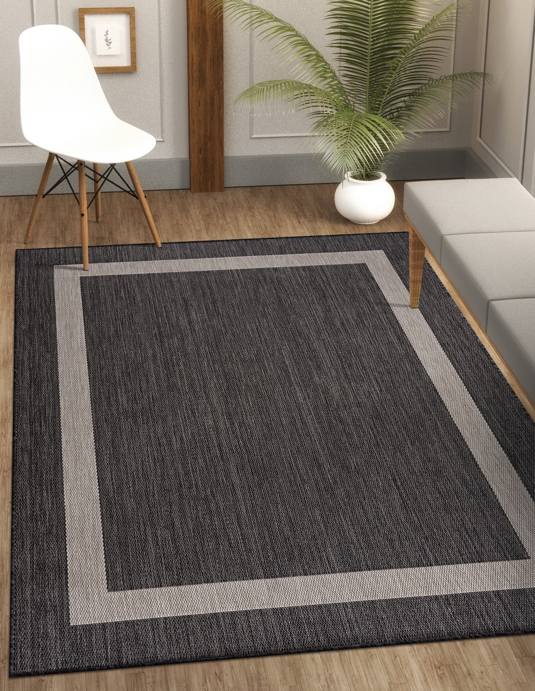 CAMILSON Bordered Washable Indoor Outdoor Area Rug Dark Grey 8 x 10