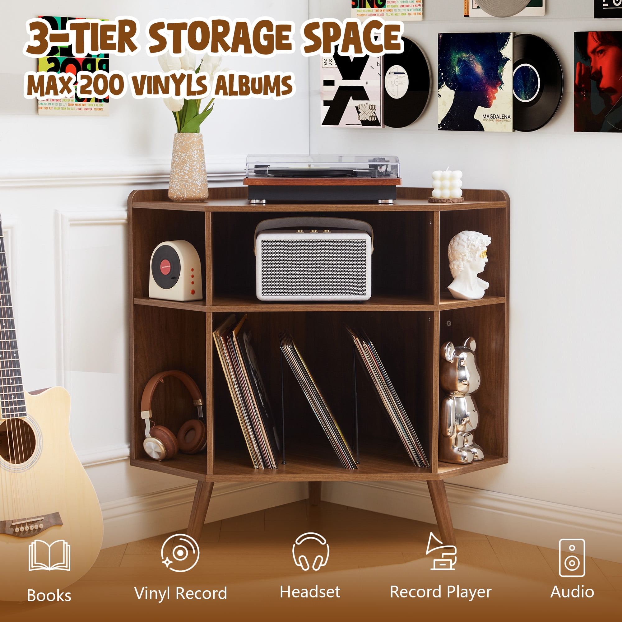 YOCWO Triangle Record Player Stand with Charging Station, Turntable Stand Table Holds Max 200 Albums, Corner Vinyl Record Storage Cabinet with Wood Legs for Living Room Bedroom Office, Walnut