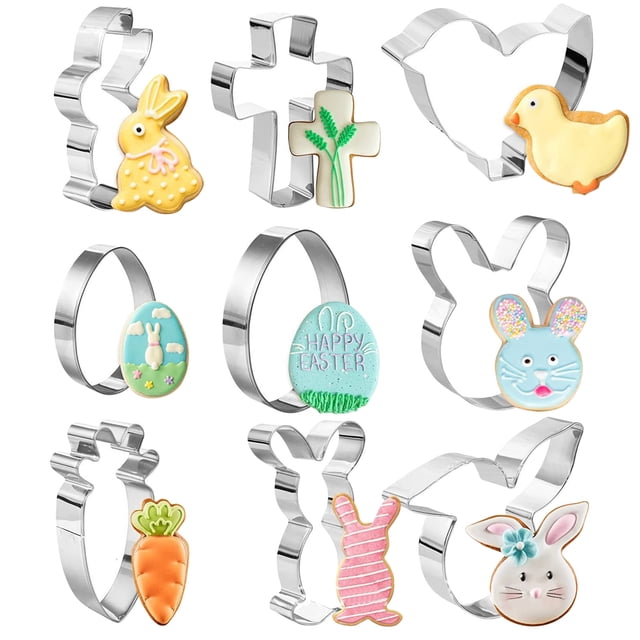 Molde de conejo de Pascua de 9 piezas, molde para pastel de pollo, molde para utensilios de repostería de acero inoxidable, molde para galletas de acero inoxidable