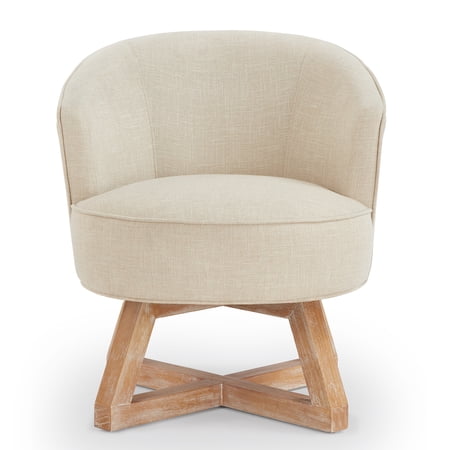 Beige Linen Swivel Chair - Solid Wood Base, 360° Rotation. Living Room, Bedroom & Office Accent Chair. Comfortable, Stylish Design. 27"x26"x29"