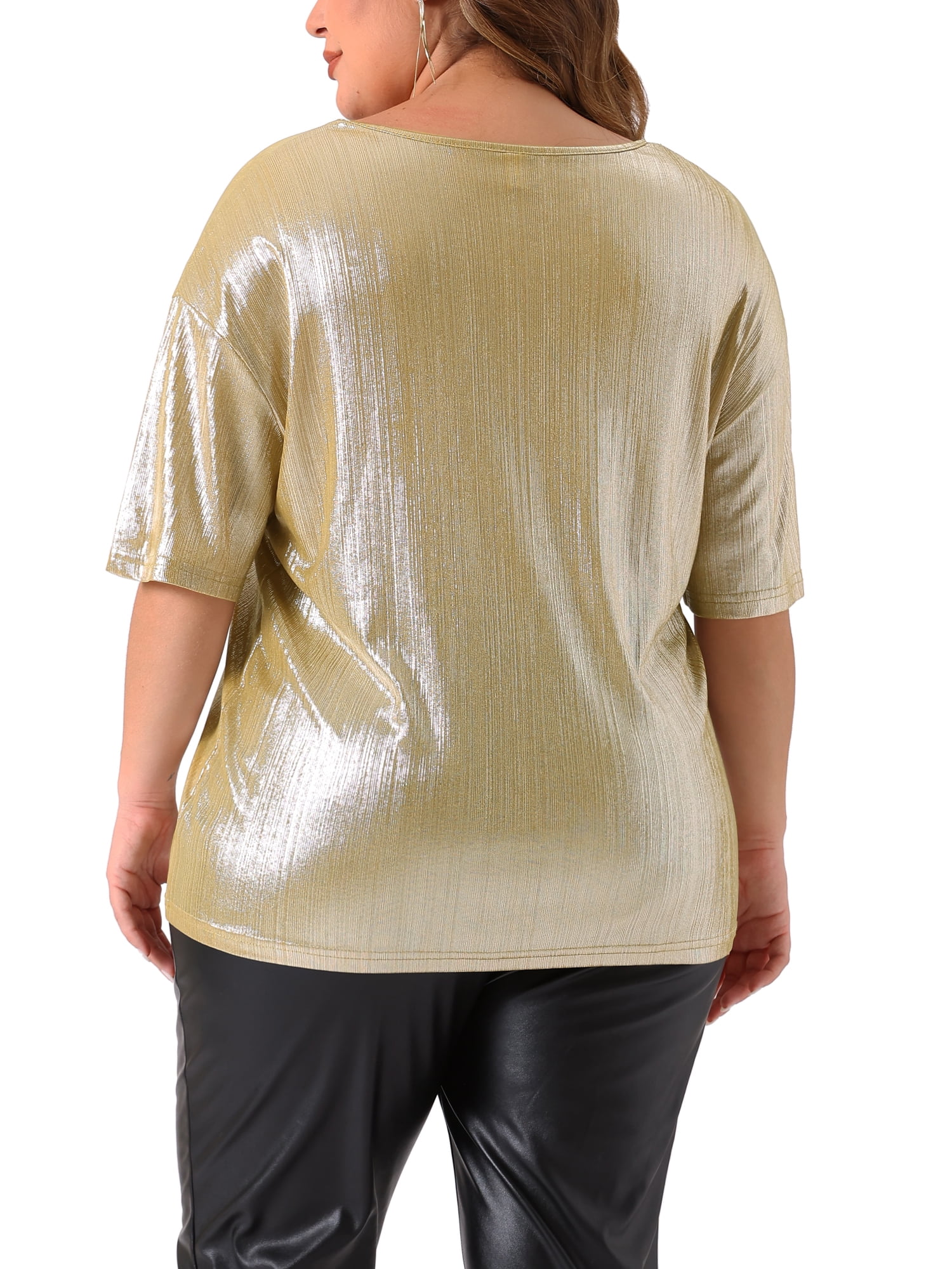 Agnes Orinda Women's Plus Size Tops Metallic Holographic Short Sleeve Concert Party Blouses 4X Champagne