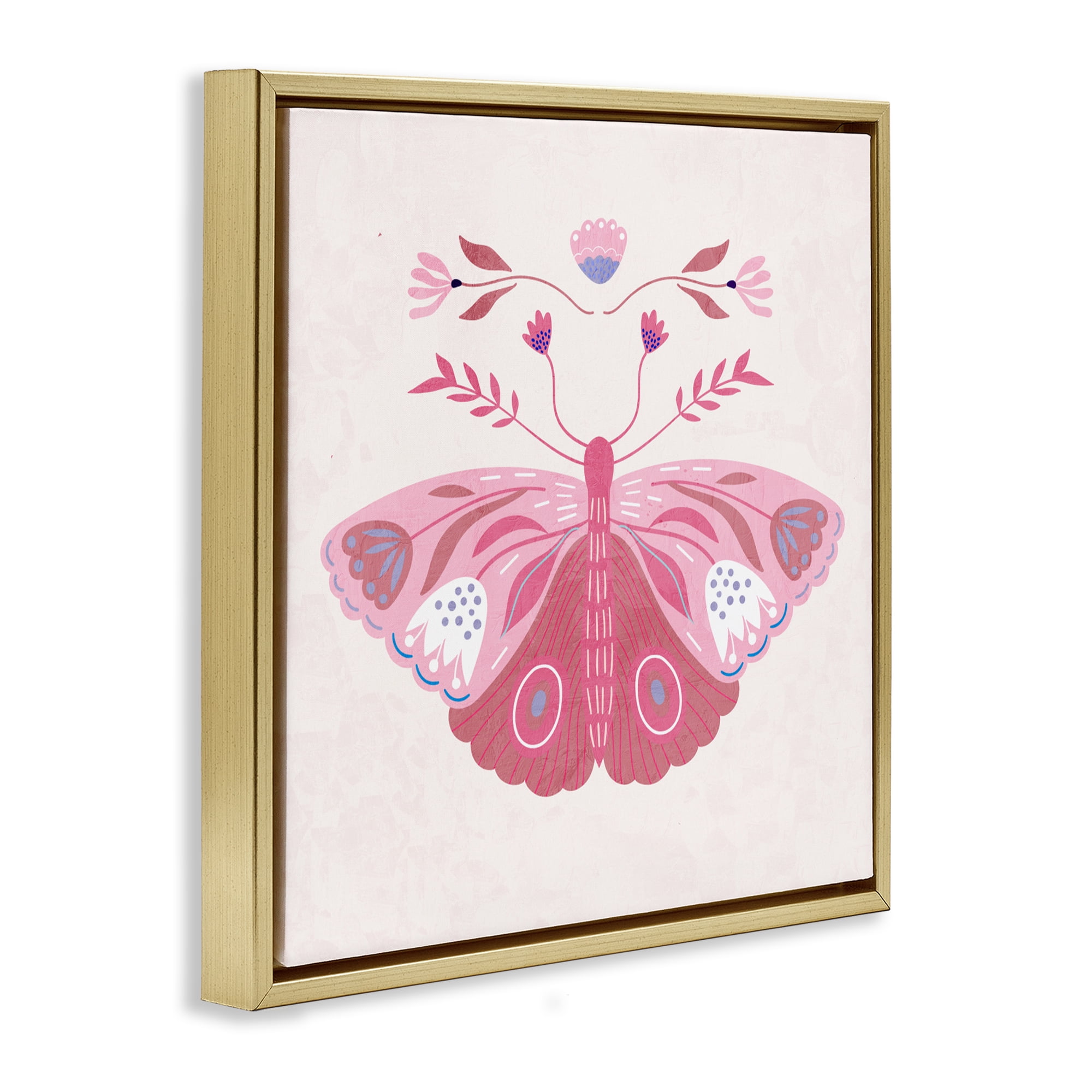 Stupell Industries Boho Pink Folk Butterfly Gold Framed Floater Canvas Wall Art, design by Kim Allen