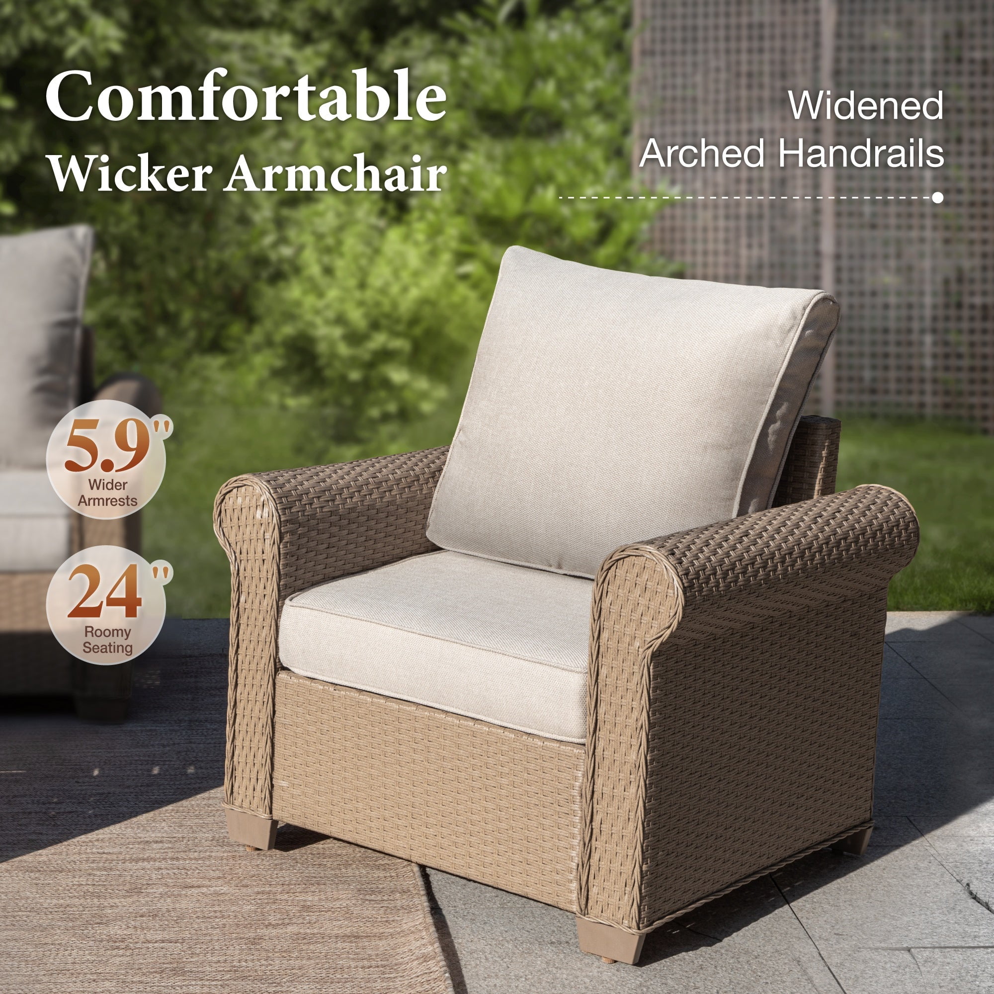 MF Studio 5-Piece Wicker Outdoor Conversation Set, 7-Seat Rattan Outdoor Furniture Set, Patio Furniture Set with 2 Ottomans, Beige