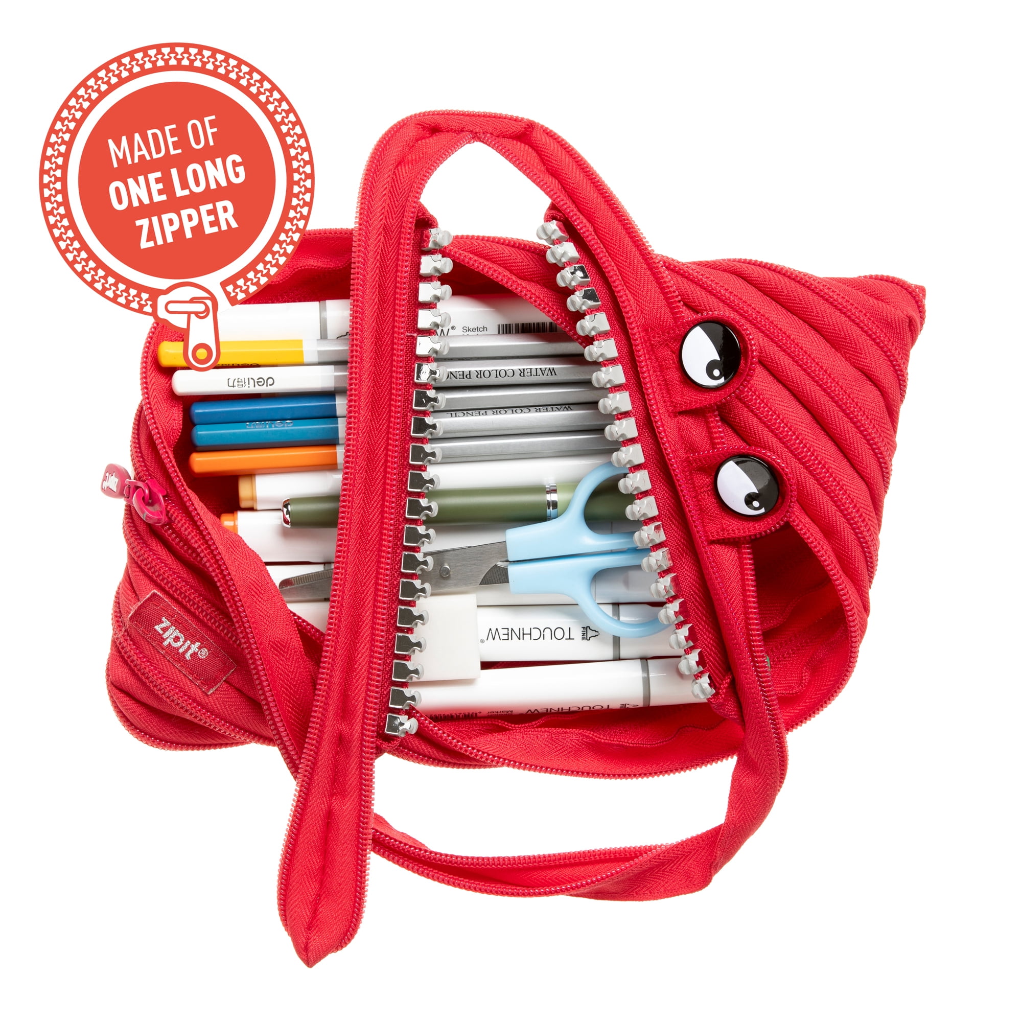 ZIPIT Grillz Large Pencil Case, Holds up to 60 Pens, Made of One Long Zipper! (Red)