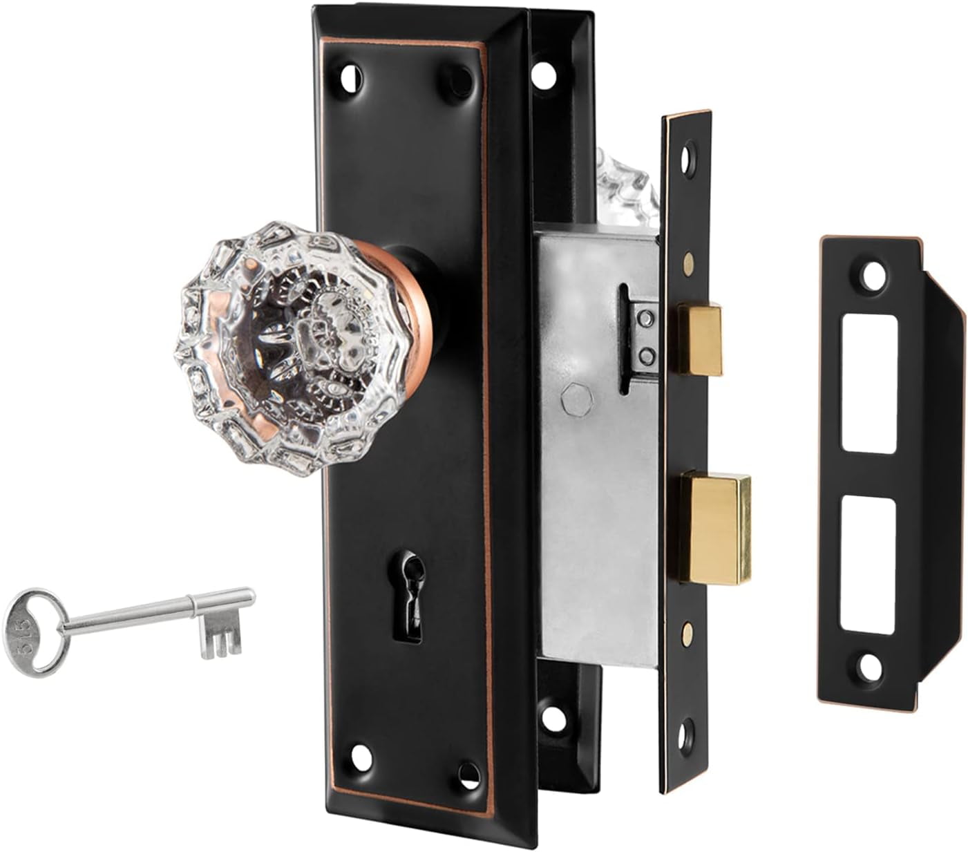 Upgraded Mortise Lock Set for Interior Door, Antique Brass Crystal Glass Door Knobs with Lock and Skeleton Key, Old Style Door Knobs Reversible for Left & Right Handed Door
