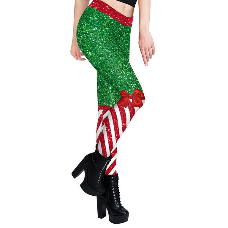 Womens Funny Printed Ugly Christmas Leggings Stripes Print High Waist  Elastic Slim Fit Tights Yoga Pants