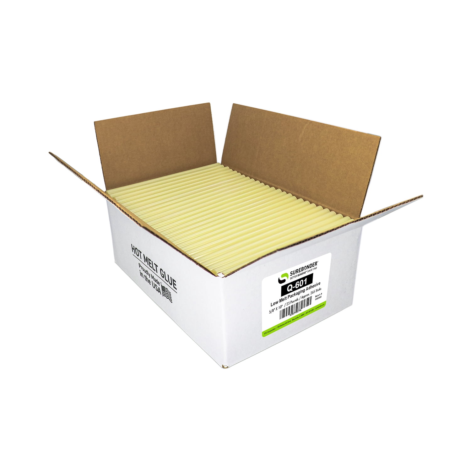 Q-601 Low Melt Packaging Glue Sticks - 5/8" x 10" | 25 lb Box