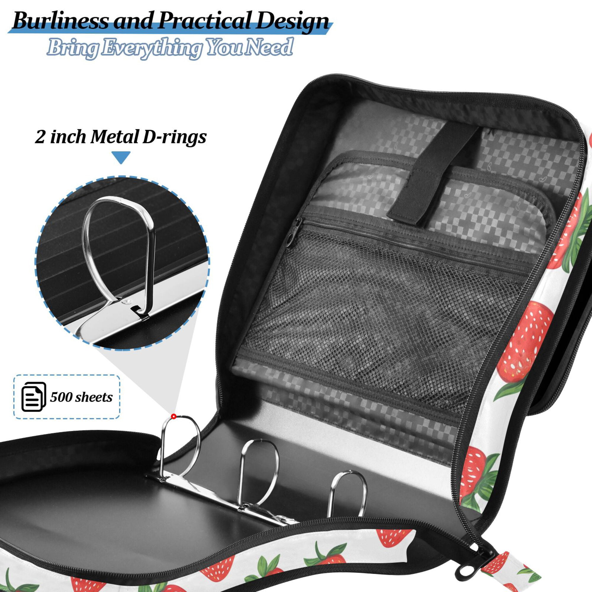FORMRS Zipper Binder with Shoulder Strap 2-inch Ring 500 Sheet Capacity File Bag, Strawberry