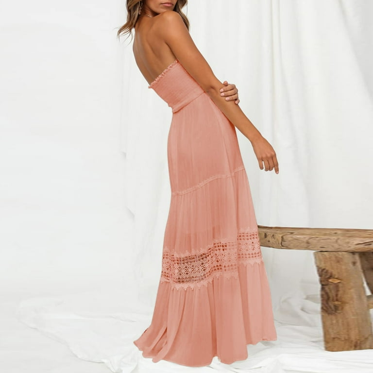 Upioiwer Beachy Dress For Women Easter Dress For Women Midi Rehearsal Dinner Outfit For Bride Womens Fashion Bohemian Strapless Off Shoulder Lace Trim Backless Flowy A Line Beach Long Maxi Dress Offic