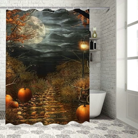 BCIIG Pumpkins Full Moon Bathroom Decor Set with Hooks, Colorful Luxurious Graphic Print Shower Curtain, Halloween Home Bathtubs Decoration with Hooks, Waterproof and Easy to Install