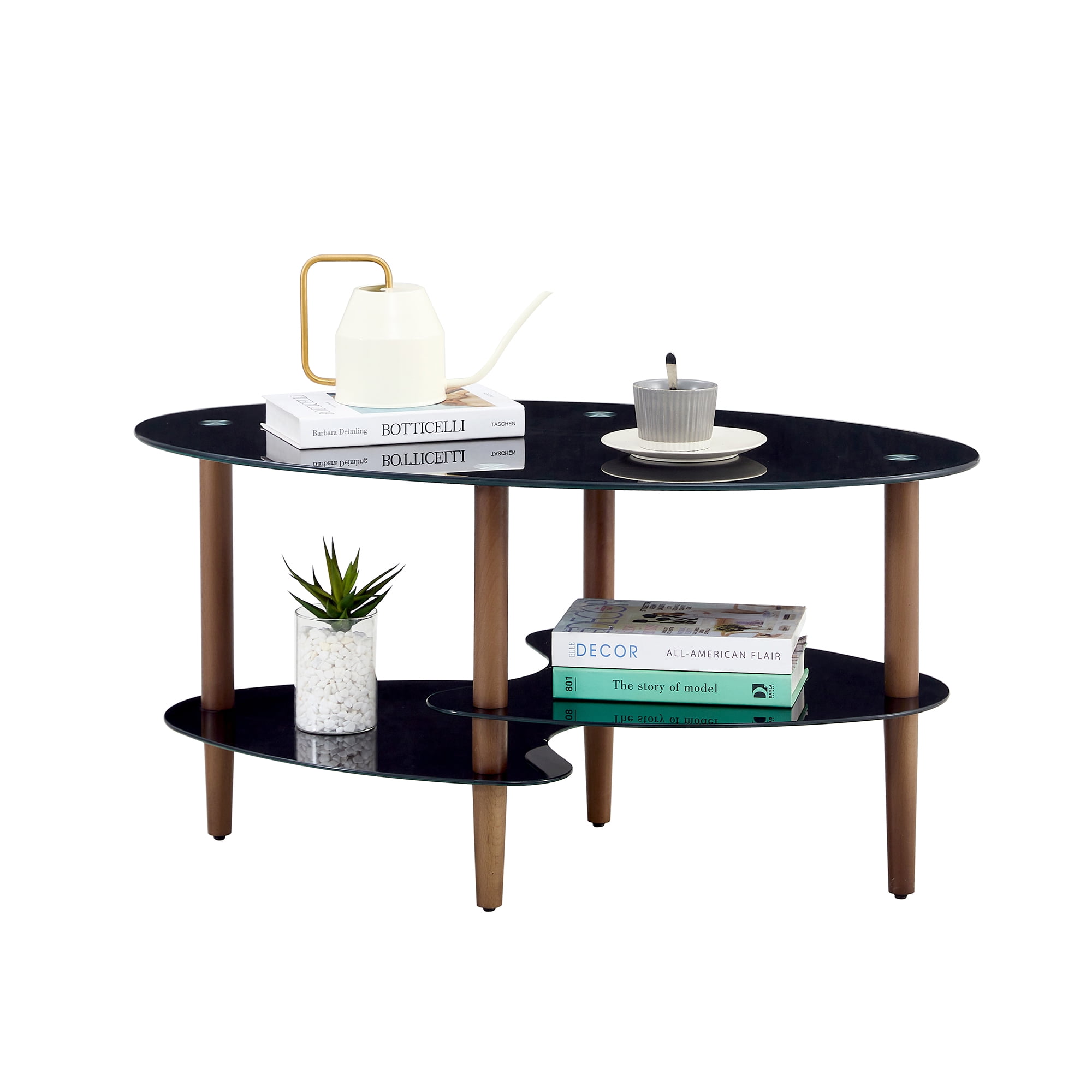 MAYEERTY Transparent Oval Glass Coffee Table – 3-Layer Modern Tea Table with Stainless Steel Legs