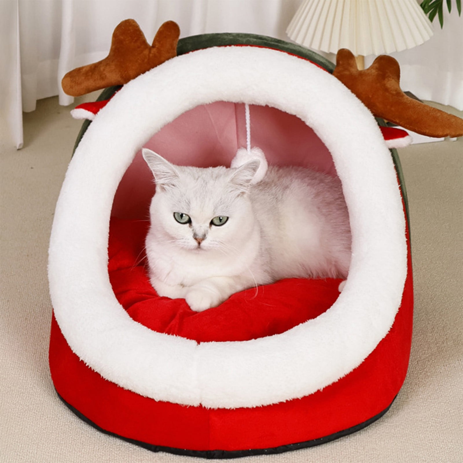 2025 Christmas Reindeer Pet Bed - 17" Orthopedic Dog Bed with Washable Cover (Holiday-Themed Semi-Enclosed Cat Bed for Small/Medium Pets)