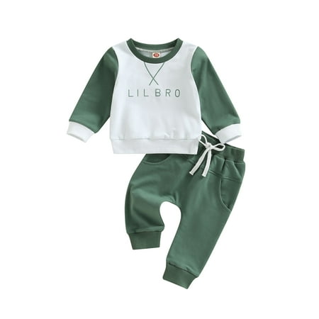 

Domingbub Infant Baby Boys 2pcs Outfit Letter Print Round Neck Contrast Color Tops Elastic Waist Long Pants Set
