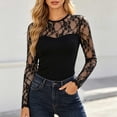 thumbnail image 2 of Sexlip Women Long Sleeve Floral Sheer Lace Panel Top Crew Neck Sweetheart Solid Front Fitted Stretch Skinny Elegant Date Night Layering Base Blouse Black XL, 2 of 7