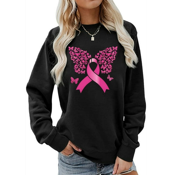 Craaazy Sweatshirts For Women Breast Cancer Awareness Sweatshirts Ribbon Print Casual Long Sleeve Shirts Gifts For Women