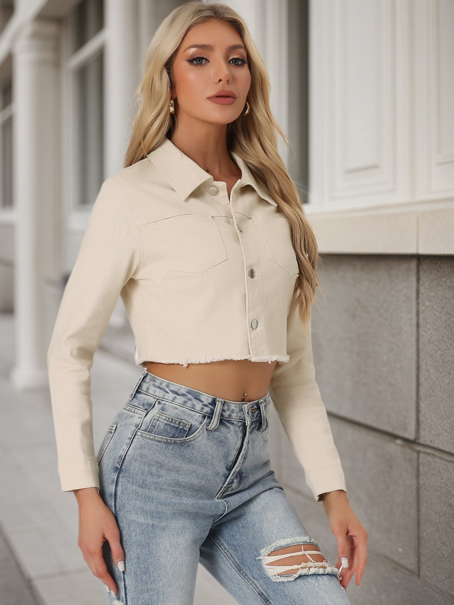 DARING DIVA Women's Frayed Button Up Washed Cropped Denim Jackets L Beige
