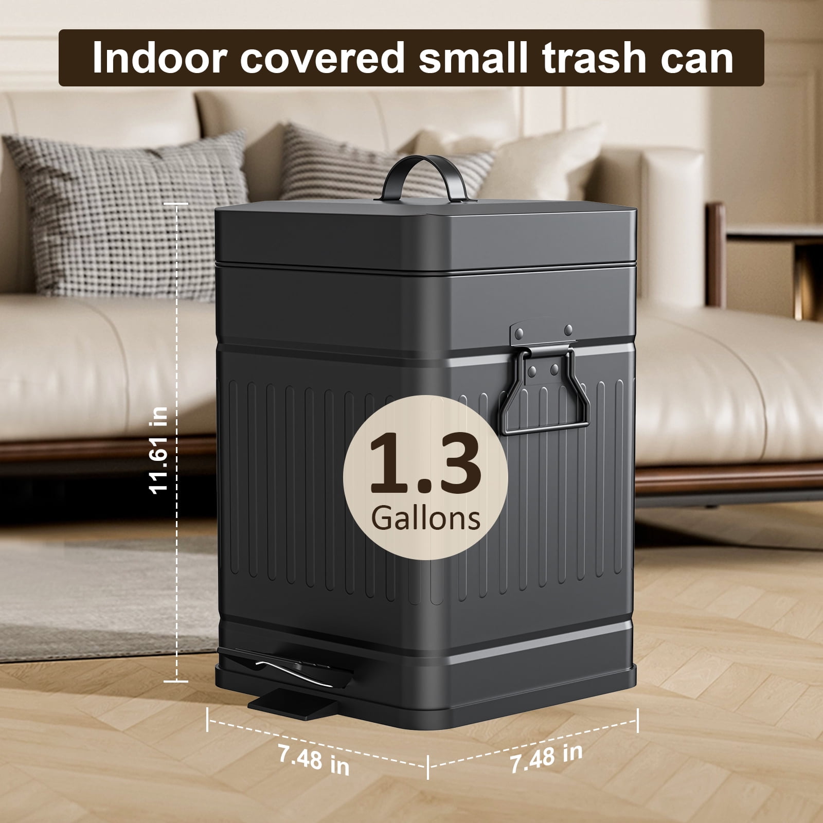 TINANA Small Trash Can with Lid: 5L, 1.3 Gallon Stainless Steel Dog Poop Trash Can, Rectangle Trash Can with Step Pedal, Retro Kitchen Garbage Can for Farmhouse, Craft Room, Office, Garage, Black