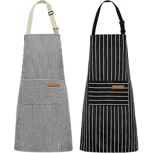 2 Pack Kitchen Cooking Aprons, Adjustable Soft Chef Apron with 2 Pockets for Men and Women (Black/Brown Stripes)